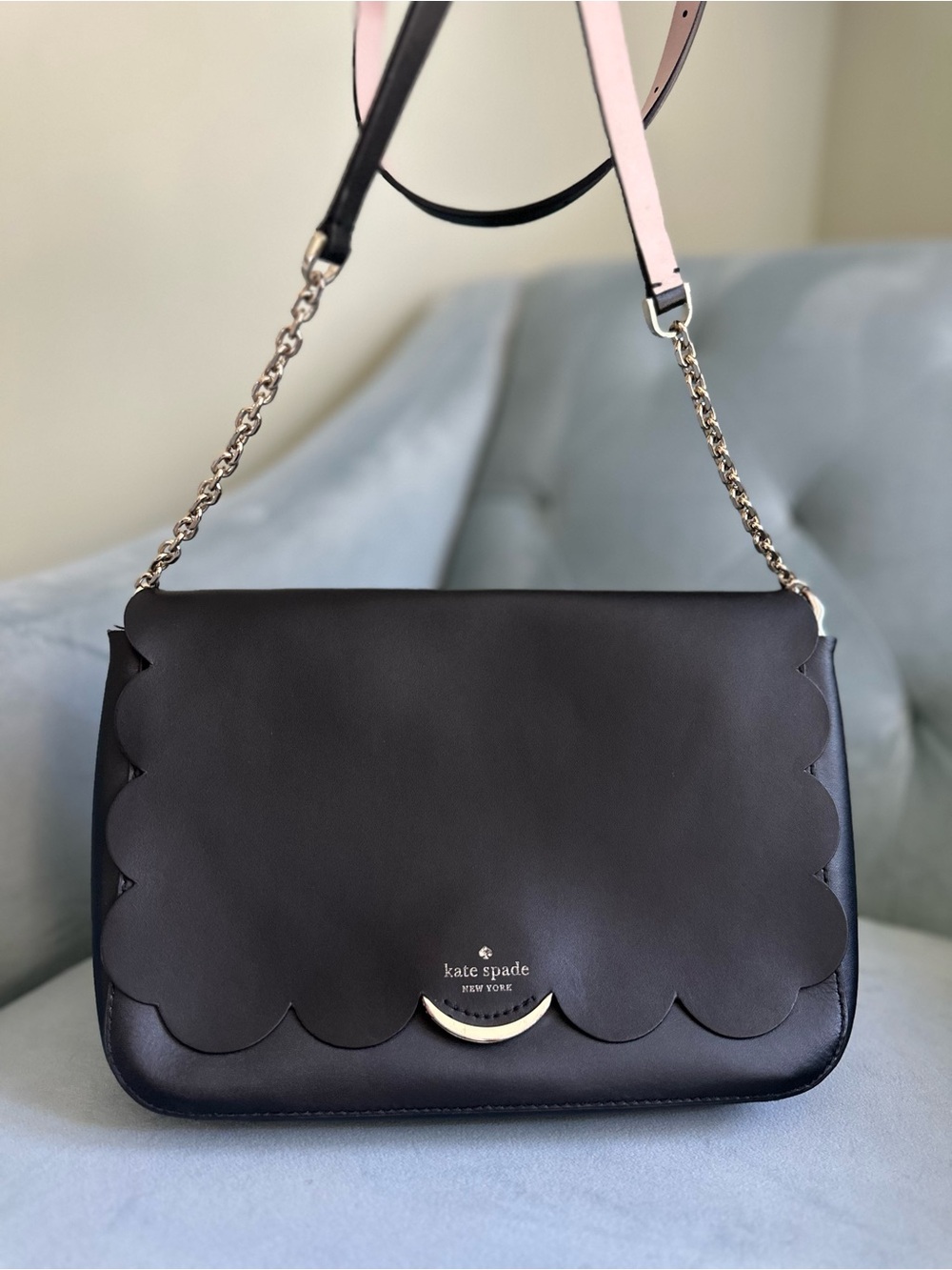 kate spade Black Scallop-Edge Leather crossbody Bag with chain Strap Accent
